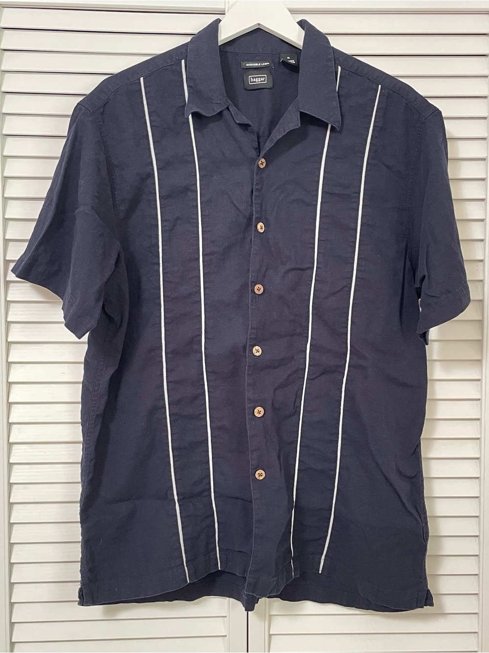 Haggar Washable Linen Shirt Button Up Short Sleeve Navy White Stripe Nautical